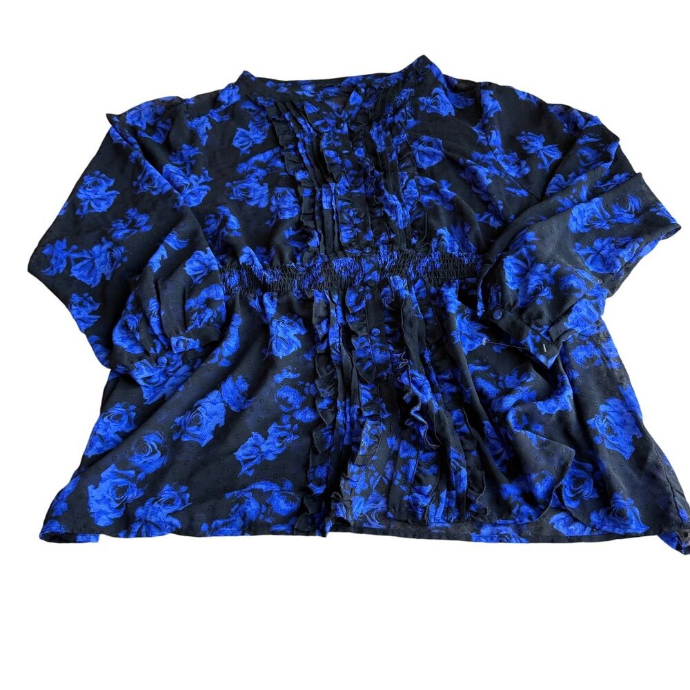 Torrid Womens black and blue floral chiffon clip dot ruffle front blouse‎ Size 4